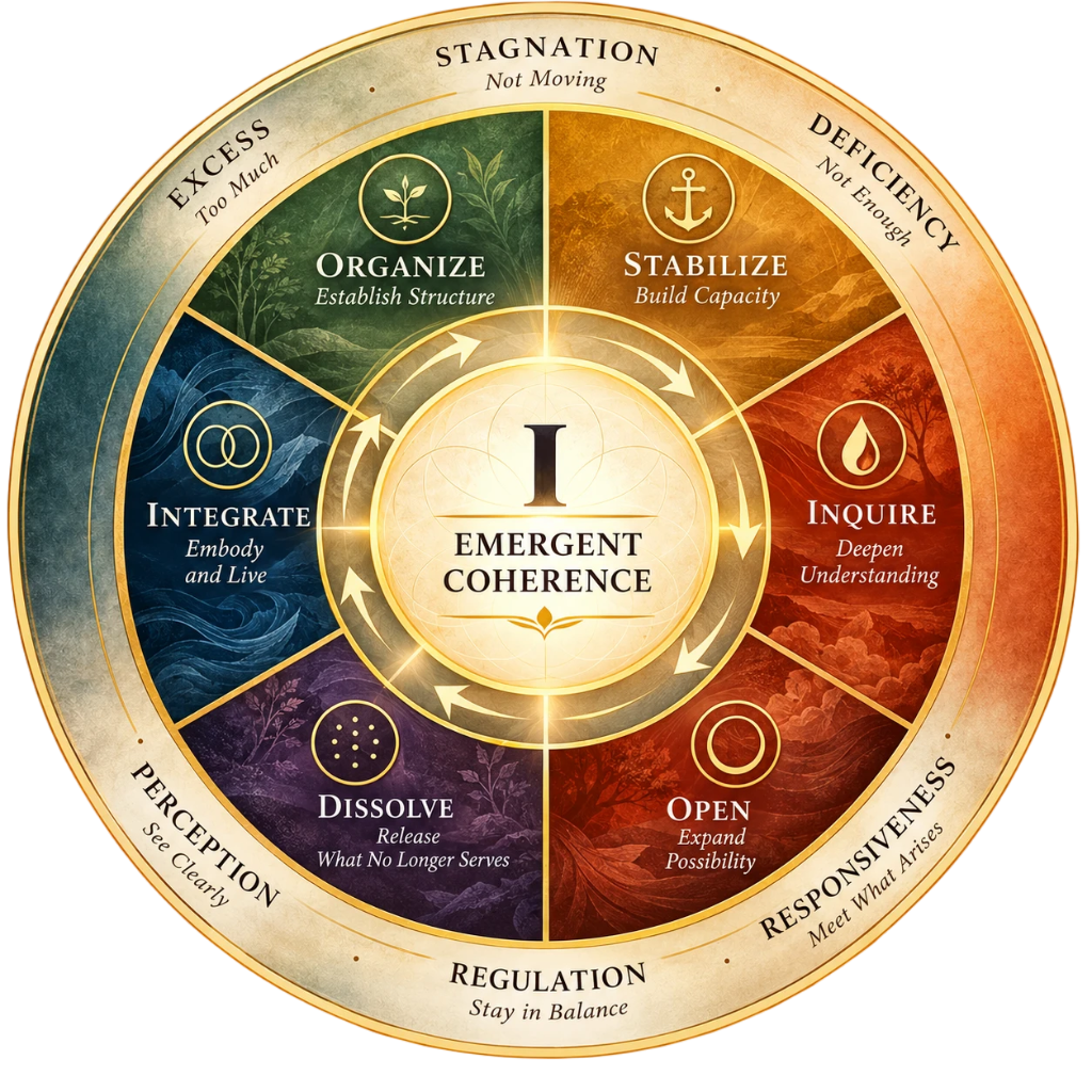 Inner Life Emergent Coherence diagram showing Organize, Stabilize, Inquire, Open, Dissolve, and Integrate as an interconnected developmental process