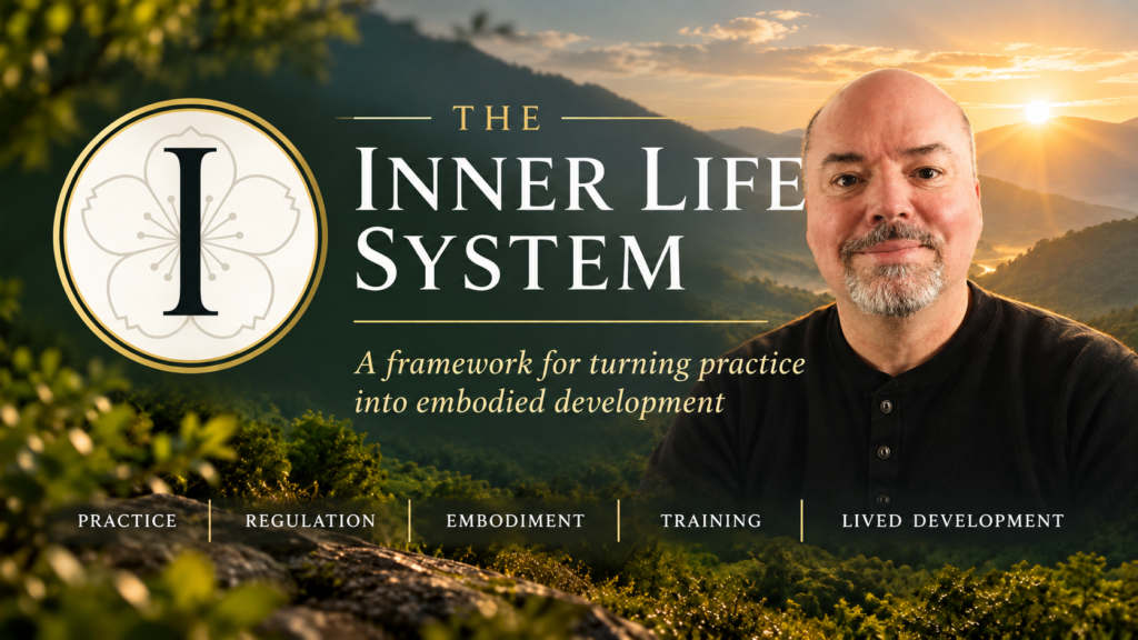 Mark V. Wiley beside the Inner Life System logo and text about turning practice into embodied development, against a mountain sunrise.