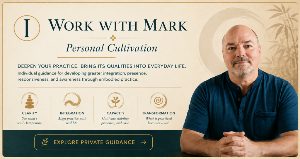 Personal Cultivation with Mark V. Wiley, featuring his portrait and the themes of clarity, integration, capacity, and transformation.